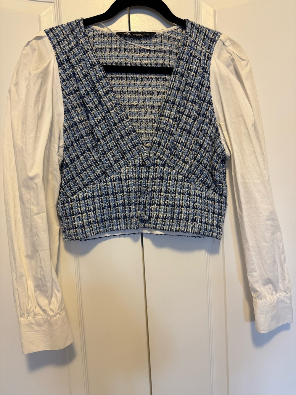 Zara Blue Tweed Layered-Look V-Neck Top with White Sleeves